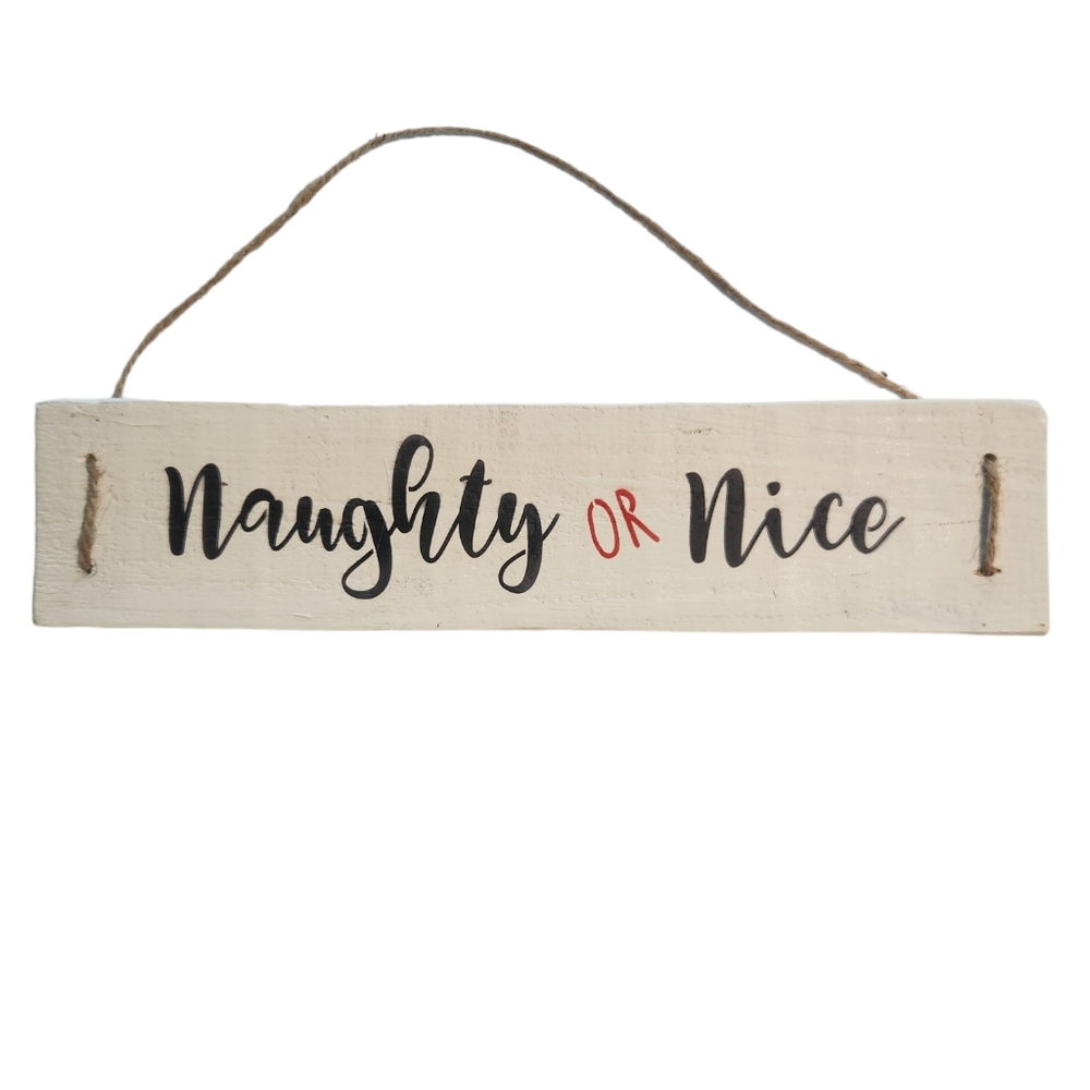 Naughty Or Nice Boho Retro Antique White Hanging Wood Wall Sign with Jute Decor
